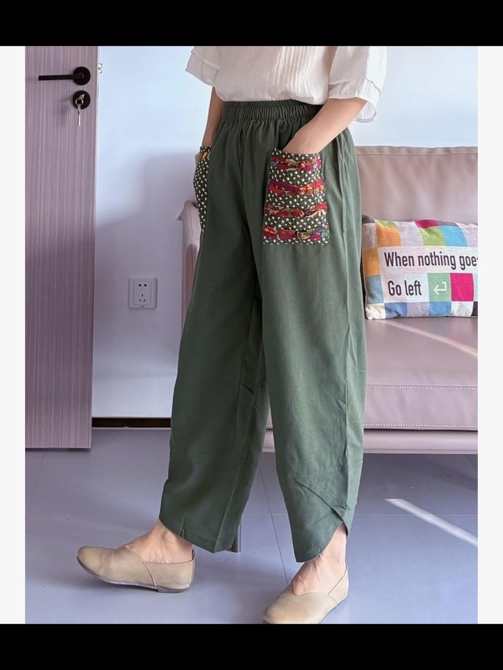 Casual Army Green Cropped Wide-Leg Harem Pants with Patch Pockets - Picture 2 of 5